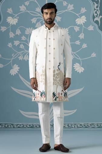 Ivory long embroidered bundi with kurta set