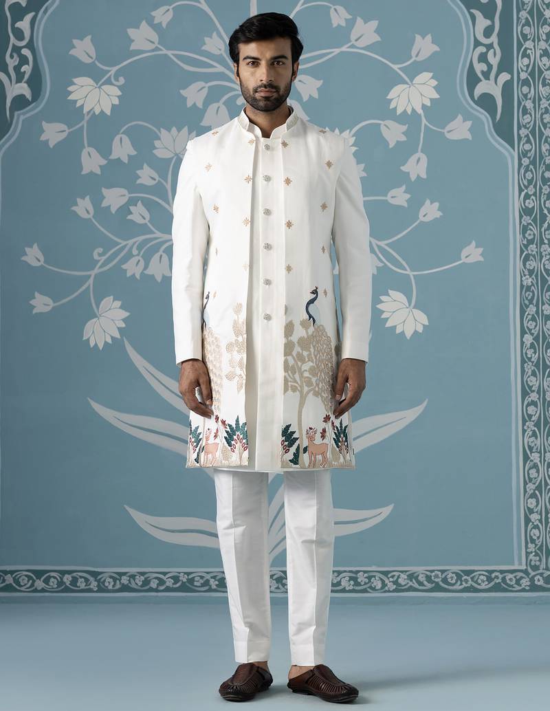 Ivory long embroidered bundi with kurta set