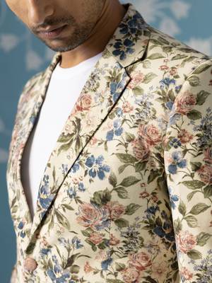 Beige floral printed blazer set 2