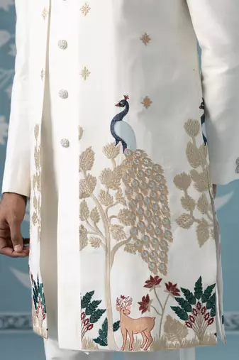 Ivory long embroidered bundi with kurta set
