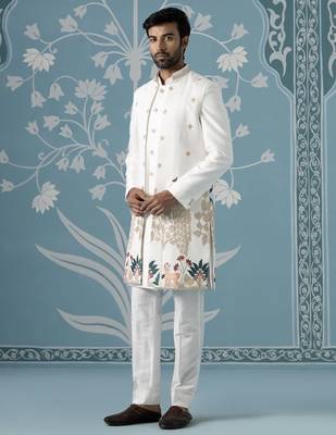 Ivory long embroidered bundi with kurta set 3
