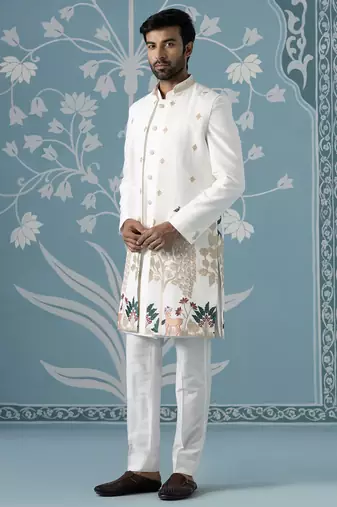 Ivory long embroidered bundi with kurta set