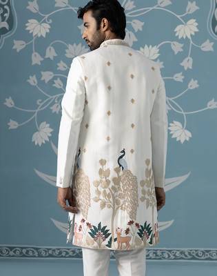 Ivory long embroidered bundi with kurta set 4