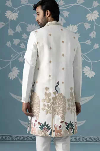 Ivory long embroidered bundi with kurta set