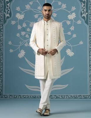 Semi-style sherwani with long bundi set 1
