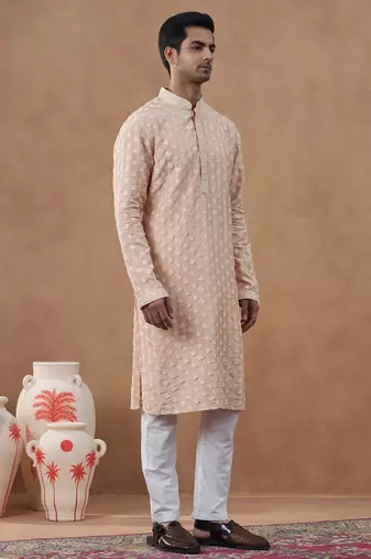 Peach self embroidered kurta set