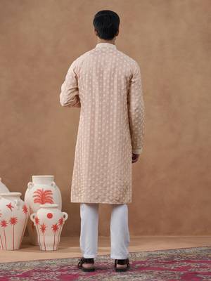 Peach self embroidered kurta set 4