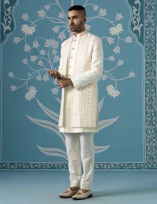 Semi-style sherwani with long bundi set 3