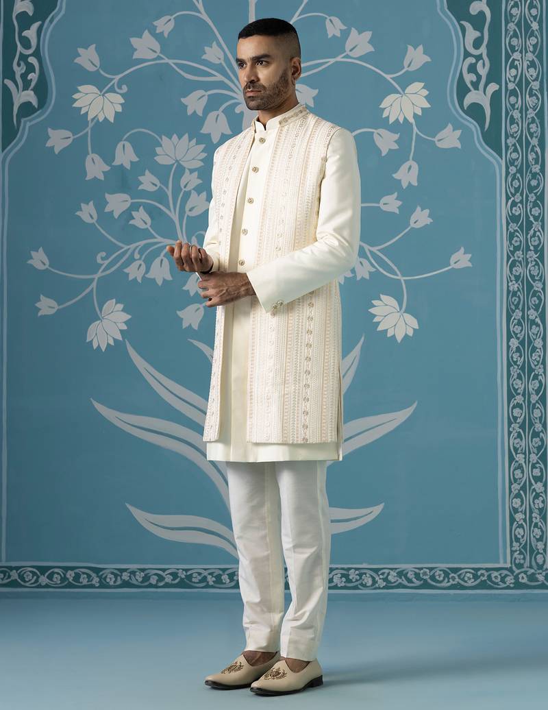 Semi-style sherwani with long bundi set