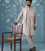 Light onion-pink kurta with abstract thread-embroidered long bundi set