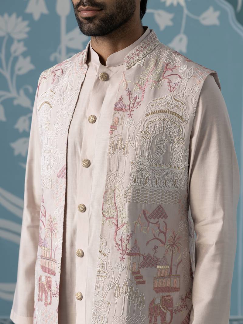 Light onion-pink kurta with abstract thread-embroidered long bundi set