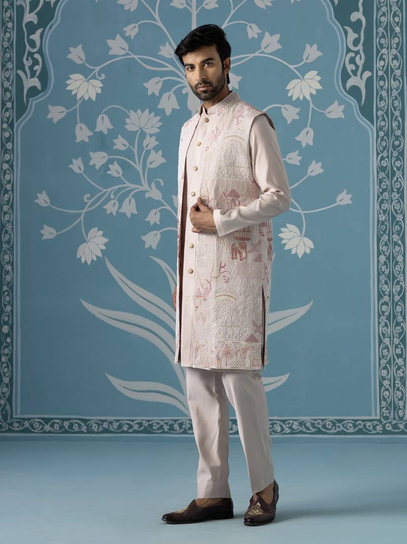 Light onion-pink kurta with abstract thread-embroidered long bundi set