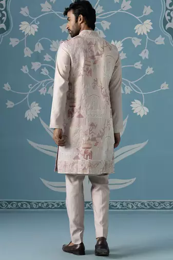 Light onion-pink kurta with abstract thread-embroidered long bundi set