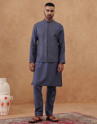 Steel blue grey embroidered long jacket kurta set 1