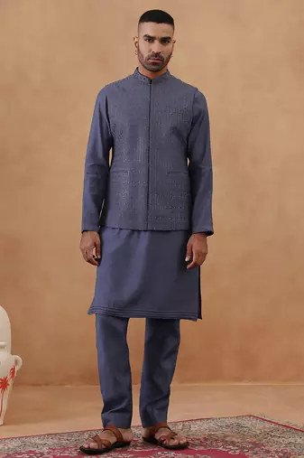 Steel blue grey embroidered long jacket kurta set