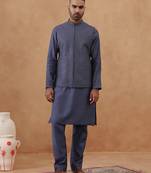 Steel blue grey embroidered long jacket kurta set