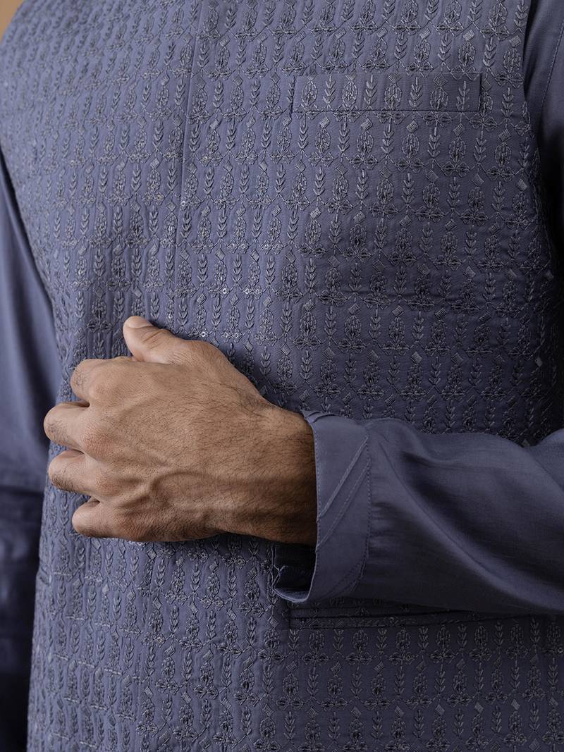 Steel blue grey embroidered long jacket kurta set
