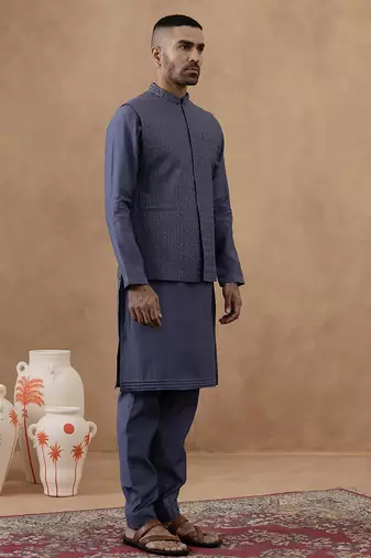 Steel blue grey embroidered long jacket kurta set