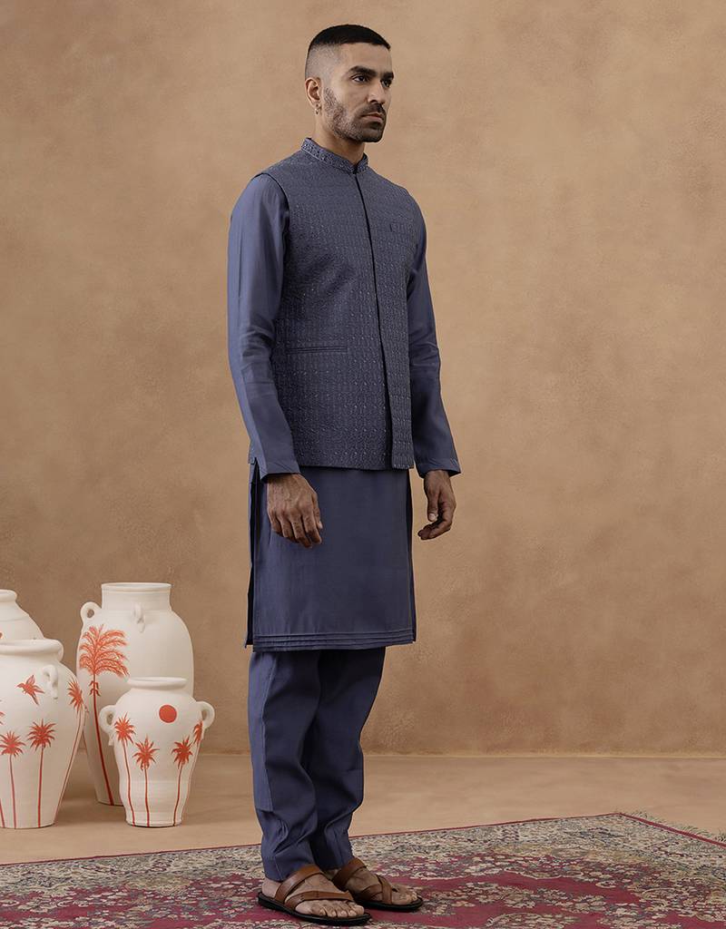 Steel blue grey embroidered long jacket kurta set