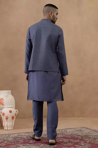 Steel blue grey embroidered long jacket kurta set
