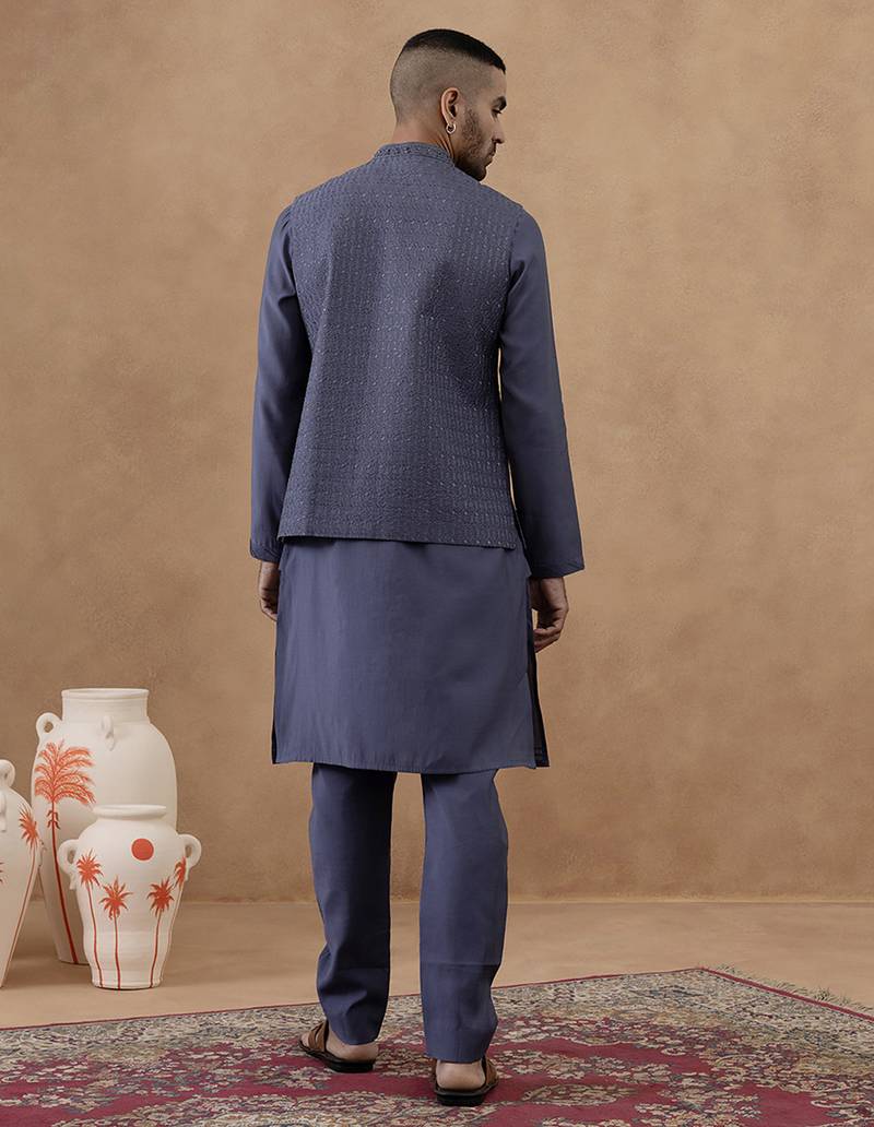 Steel blue grey embroidered long jacket kurta set