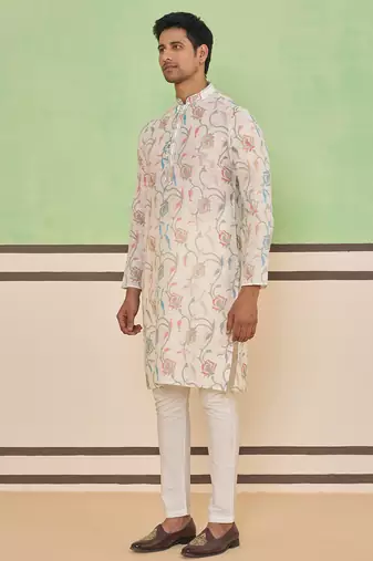 Cream self textured kurta set
