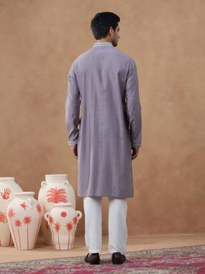 Grey embroidered jacket & kurta set 4