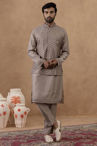 Light brown self-embroidered jacket kurta set