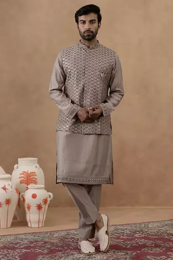 Light brown self-embroidered jacket kurta set