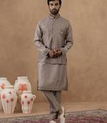 Light brown self-embroidered jacket kurta set