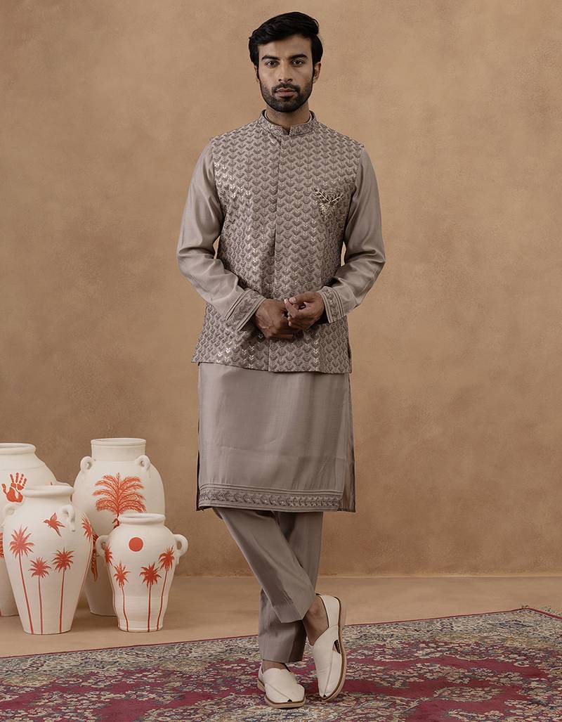 Light brown self-embroidered jacket kurta set