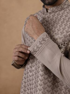 Light brown self-embroidered jacket kurta set 2