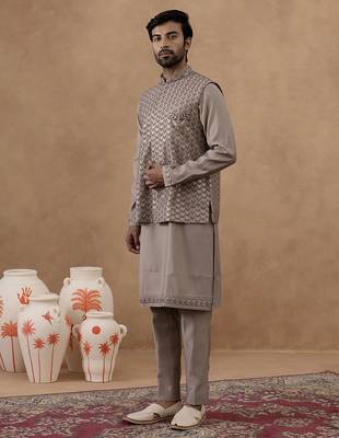 Light brown self-embroidered jacket kurta set 3