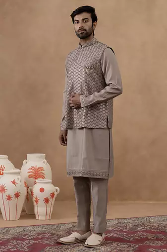 Light brown self-embroidered jacket kurta set
