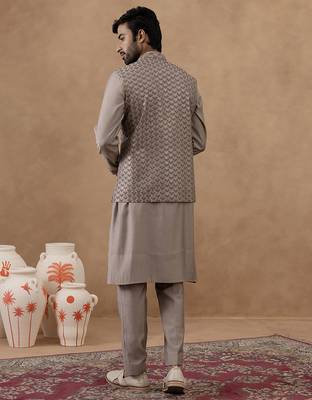 Light brown self-embroidered jacket kurta set 4