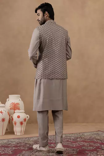 Light brown self-embroidered jacket kurta set