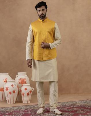 Yellow sequin embroidered bundi kurta set 1