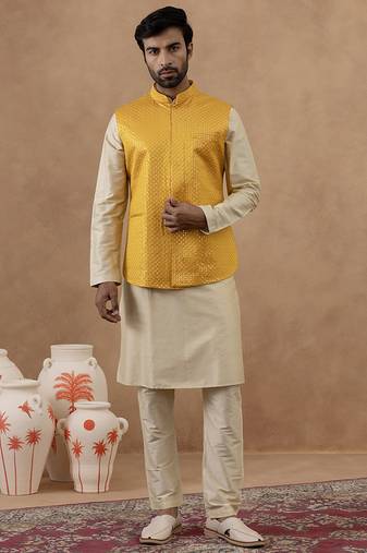 Yellow sequin embroidered bundi kurta set