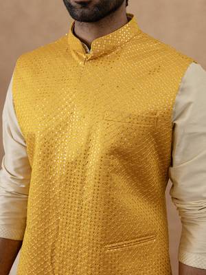 Yellow sequin embroidered bundi kurta set 2