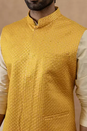 Yellow sequin embroidered bundi kurta set