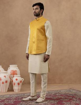 Yellow sequin embroidered bundi kurta set 3