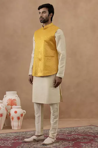 Yellow sequin embroidered bundi kurta set