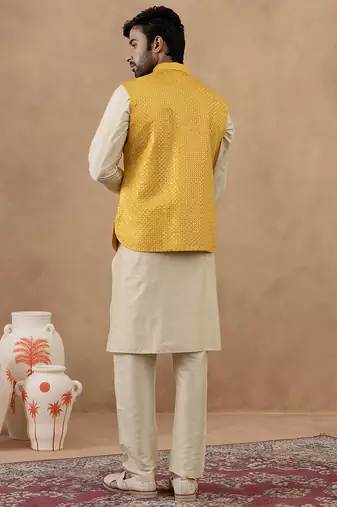 Yellow sequin embroidered bundi kurta set