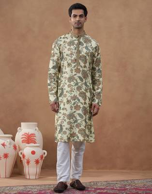 Beige kalamkari printed kurta set 1