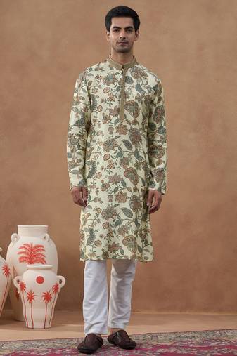 Beige kalamkari printed kurta set
