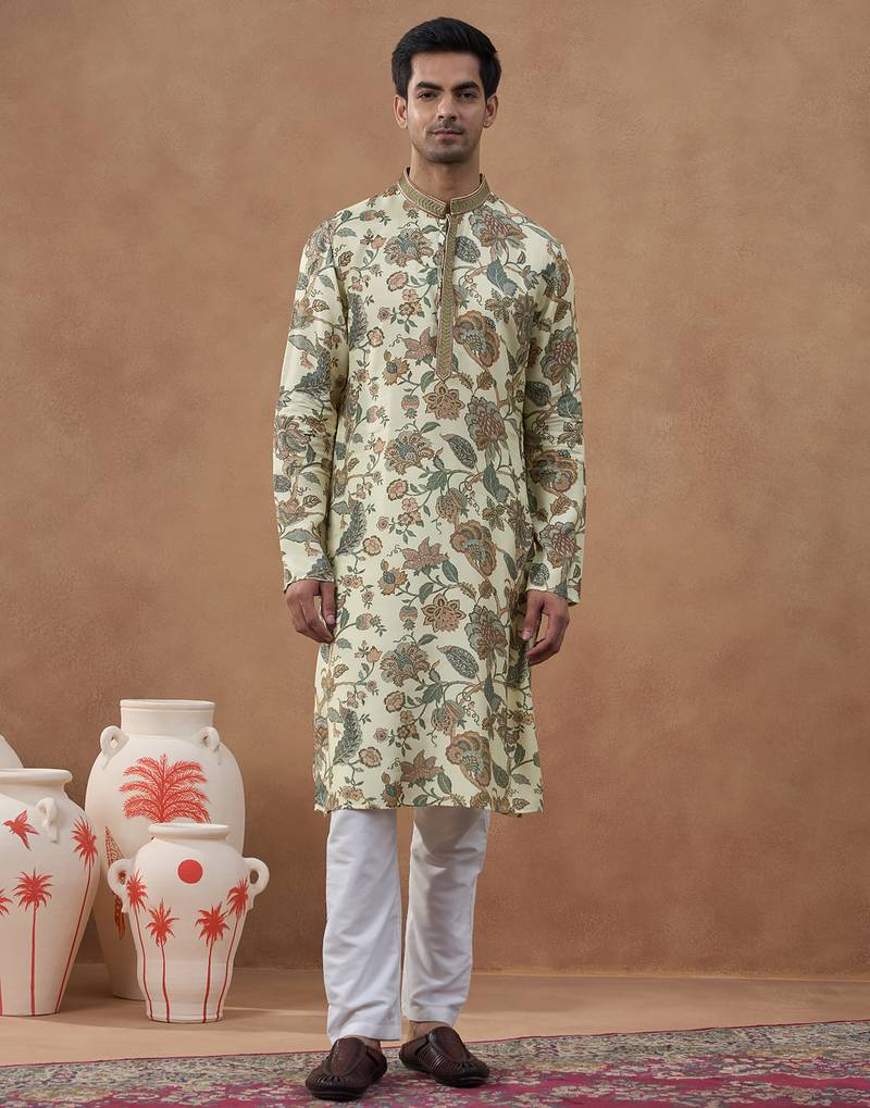 Beige kalamkari printed kurta set