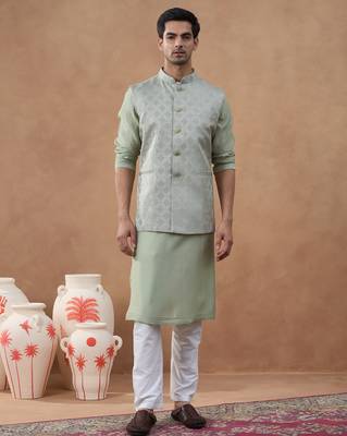 Light green jacquard jacket kurta set 1