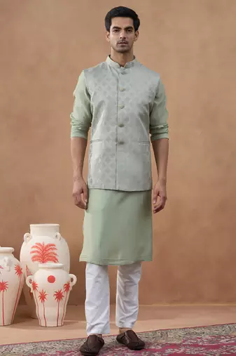 Light green jacquard jacket kurta set
