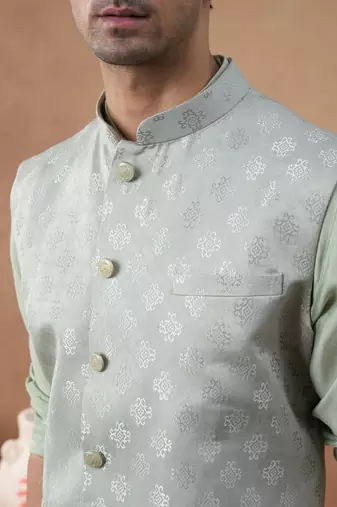 Light green jacquard jacket kurta set