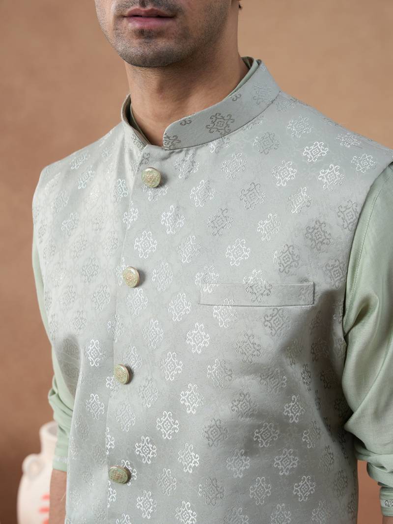 Light green jacquard jacket kurta set